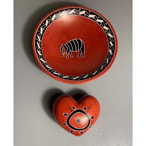 SMOLart Soapstone Carved Painted Red Bowl and Heart Sculpture Handmade in Kenya
